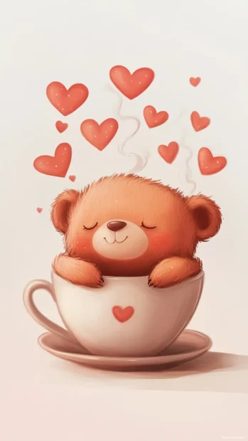 Cute Bear curled up in a teacup with steam shaped like hearts.