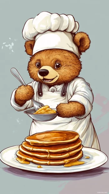 Cute Bear dressed as a chef cooking pancakes.