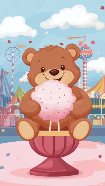 Cute Bear enjoying cotton candy in an amusement park.