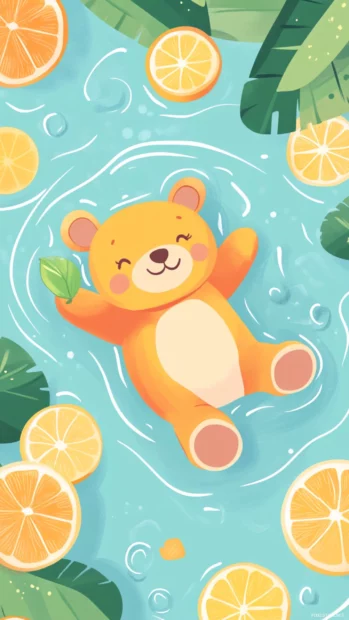 Cute Bear floating in a lemonade pool with citrus slices.