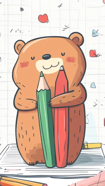 Cute Bear hugging a giant pencil in a notebook themed background.