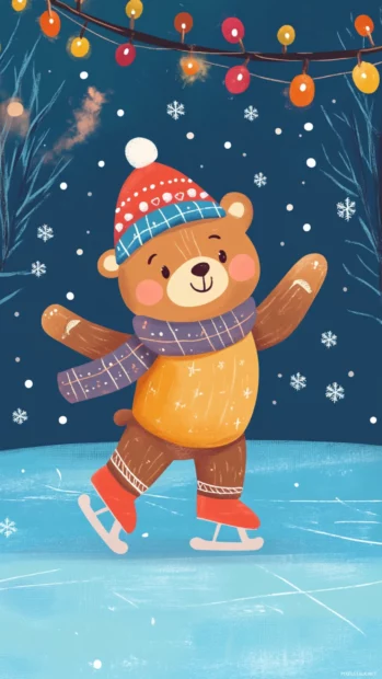 Cute Bear ice skating on a frozen pond with fairy lights.