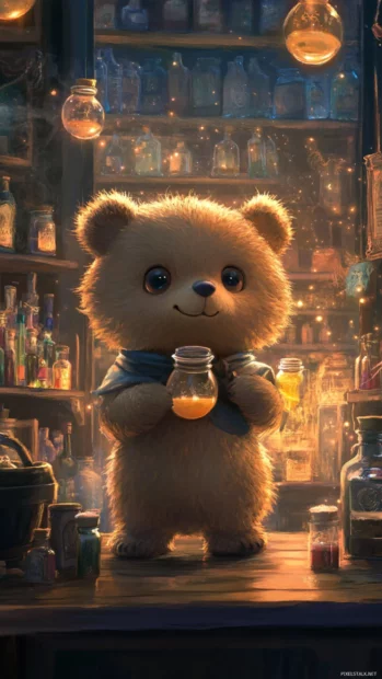 Cute Bear in a magic shop filled with floating potions.
