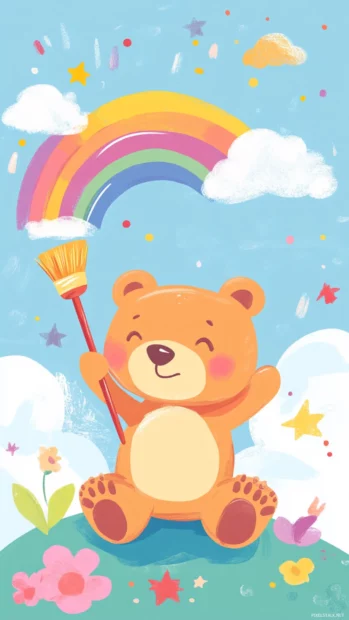 Cute Bear painting rainbows on the sky with a big brush.
