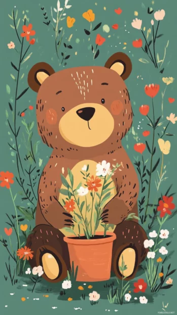Cute Bear planting flowers in a tiny garden.
