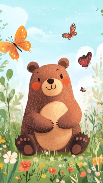 Cute Bear playing with butterflies in a sunny meadow.