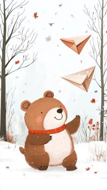 Cute Bear playing with paper planes in the breeze.