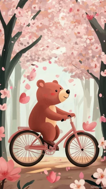 Cute Bear riding a bicycle through cherry blossoms.