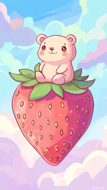Cute Bear sitting on a giant strawberry in a pastel sky.