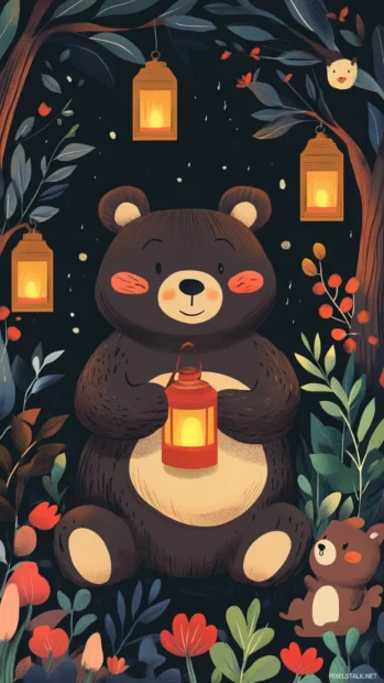 Cute Bear surrounded by friendly forest animals holding lanterns.