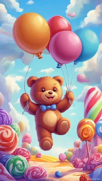 Cute Bear with balloons floating above a candy land.