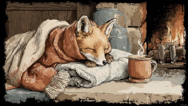 Cute Fox bundled in a cozy blanket with hot cocoa beside a fireplace, rustic cabin setting, comforting and sweet mood.