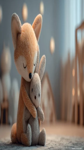 Cute Fox hugging a plush bunny toy, sitting in a dreamy nursery with soft light, innocent and peaceful theme.
