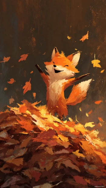 Cute Fox jumping through a pile of autumn leaves, joyful expression, bright and warm seasonal tones.