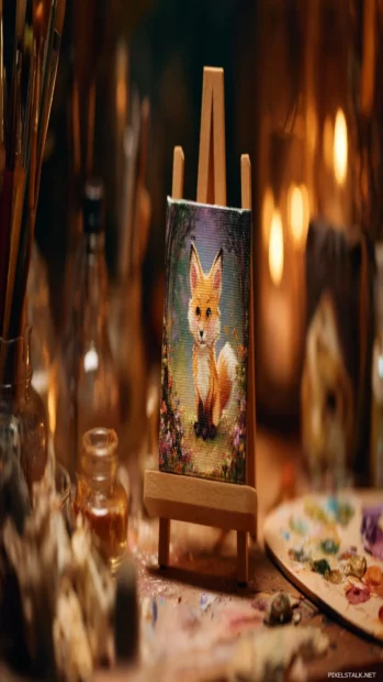Cute Fox painting on a tiny canvas in a whimsical woodland studio, warm atmosphere, creative expression, fantasy vibes.