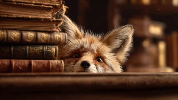 Cute Fox peeking from behind a stack of books in an old library, curious expression, warm tones, playful detail.