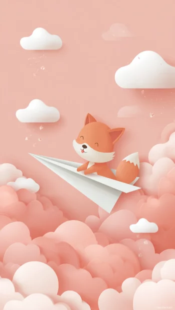 Cute Fox riding a paper airplane through fluffy pink clouds, cheerful expression, dreamlike pastel colors.
