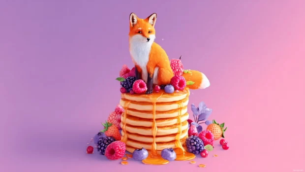 Cute Fox sitting atop a stack of pancakes with syrup and berries, whimsical breakfast scene, vibrant colors and fun tone.
