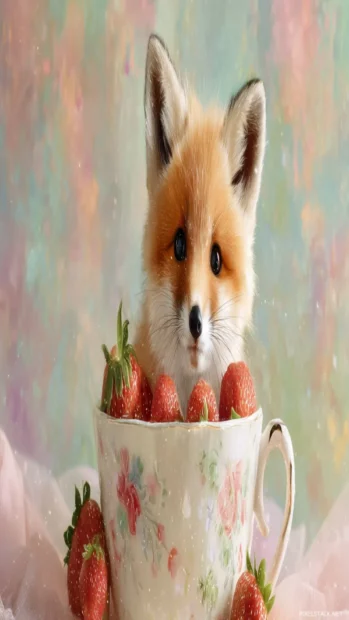 Cute Fox sitting inside a teacup surrounded by tiny strawberries, pastel background, soft lighting, adorable expression.