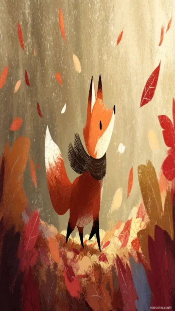 Cute Fox wearing a tiny scarf while walking through a colorful autumn forest, leaves swirling, soft fur texture.
