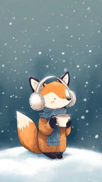 Cute Fox wearing earmuffs, sipping tea on a frosty morning, snowflakes in the air, cozy winter aesthetic.