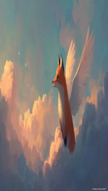Cute Fox with angel wings floating above a cloudscape, glowing sky, ethereal lighting, peaceful and dreamy illustration.
