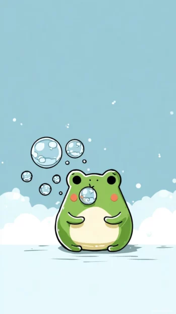 Cute Frog Kawaii Wallpaper with a playful frog blowing bubbles in flat illustration on light blue sky backdrop.