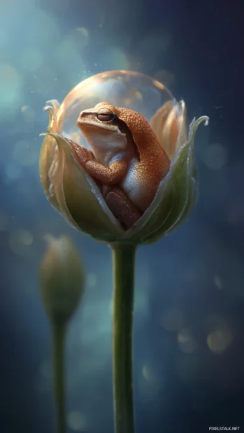 Cute Frog curled up inside a flower bud, vertical fantasy layout with soft light and magical atmosphere.