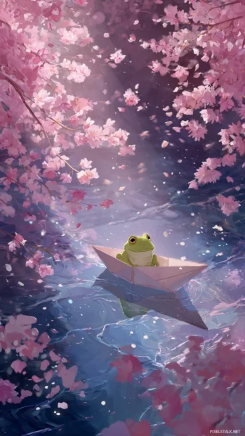Cute Frog floating in a paper boat down a calm stream with cherry blossoms overhead, dreamy and vertical scene.