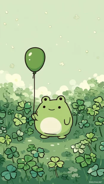 Cute Frog holding a balloon in a field of clovers, vertical frame with playful color tones.