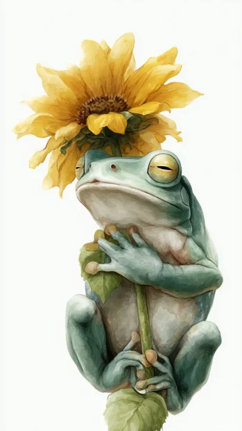 Cute Frog holding a sunflower with closed eyes, peaceful expression and soft watercolor tones in vertical format.
