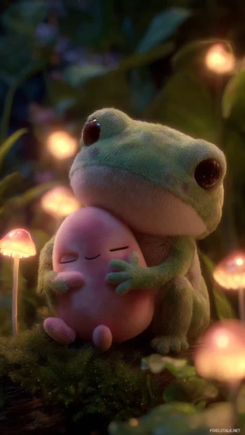Cute Frog hugging a jellybean shaped plushie, dreamy soft glow and vertical focus.