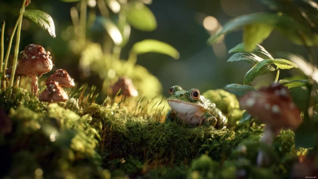 Cute Frog nestled in a bed of soft moss, tiny mushrooms surrounding it and morning light shining through leaves.