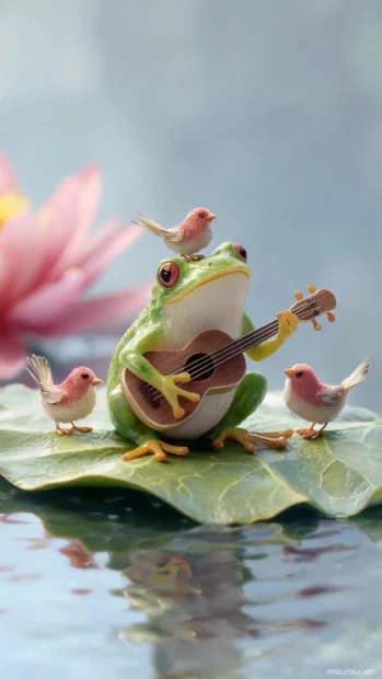 Cute Frog playing a ukulele on a floating leaf with tiny birds around, joyful vertical story moment.