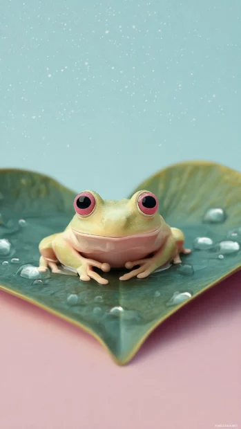 Cute Frog resting on a heart shaped lily pad, blushing cheeks and soft pastel background, ideal for iPhone wallpaper.