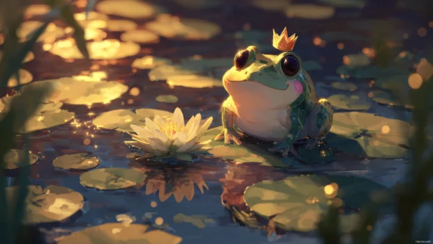 Cute Frog wearing a tiny crown and blushing, sitting beside a golden pond during a warm sunset.
