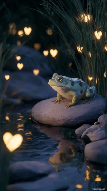 Cute Frog with heart shaped spots resting on a smooth stone near a glowing pond, vertical whimsical setting.
