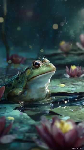 Cute Frog with sparkly eyes sitting in a puddle surrounded by frogs and lily buds, vertical vibrant concept.