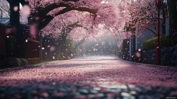 Cute Japan cherry blossom streets with soft pink petals falling gently.