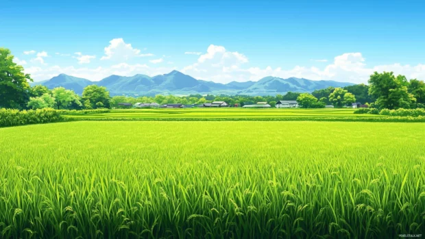 Cute Japan countryside wallpaper with rolling green hills and peaceful rice fields under clear skies.