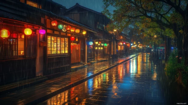 Cute Japan night scene desktop wallpaper with neon lights reflecting off rainy streets.