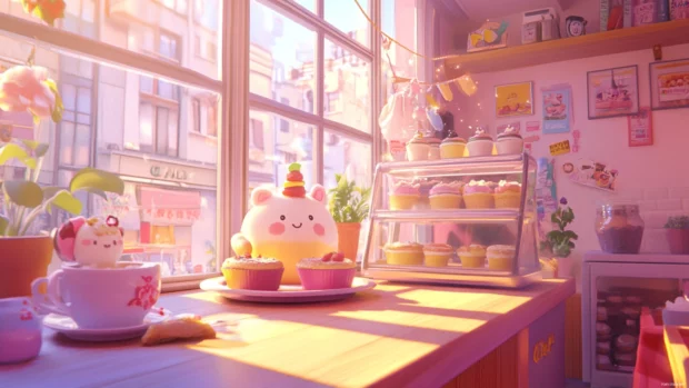 Cute Japan pastel caf with kawaii desserts.