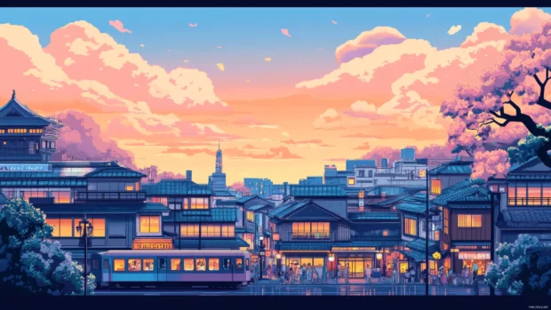 Cute Japan pastel cityscape at dawn with soft clouds, small trains and bustling morning market scenes.