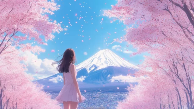 Cute Japan pastel sakura blossoms dancing in soft wind with cherry trees and Mount Fuji in background.
