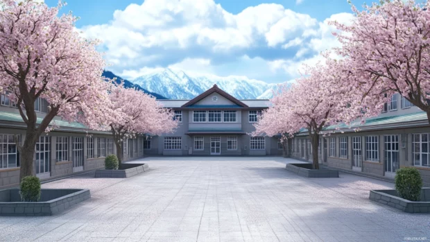 Cute Japan school courtyard surrounded by cherry trees in bloom.