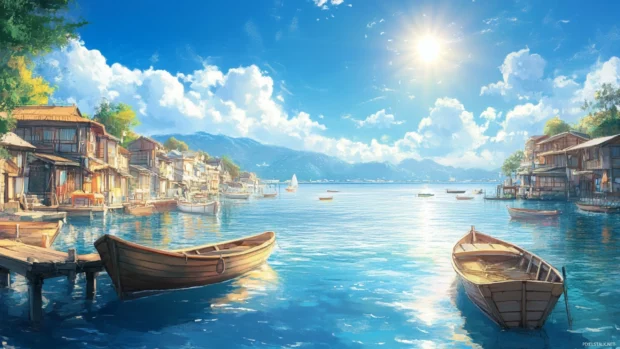 Cute Japan seaside village with wooden boats, calm water and bright sun.