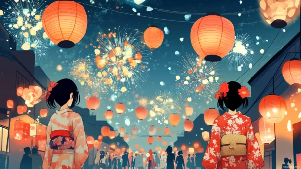 Cute Japan summer festival scene with yukata girls, paper lanterns and fireworks.