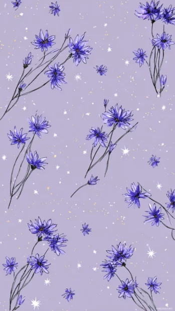 Cute Lavender Flower Wallpaper showing cartoon lavender blossoms dancing among tiny stars on pale lilac tone.