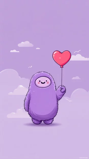 Cute Lavender Phone Wallpaper design with a cheerful lavender character holding a tiny heart balloon on soft violet canvas.