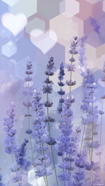Cute Lavender Screen Wallpaper combining stylized lavender sprigs and geometric hearts in soft pastel palette.